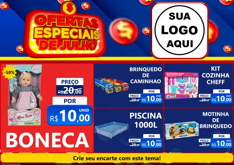 Modelo de Encarte para Encarte A4 Horizontal com o tema Ofertas Especiais de Julho para Brinquedos