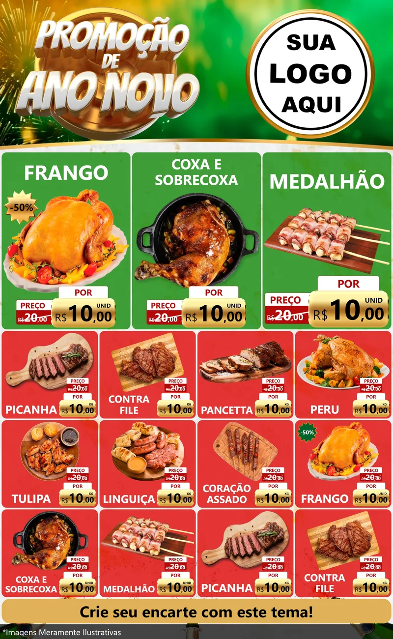 Modelo de Encarte para Encarte Grande com o tema Promoção de Ano Novo para Assados