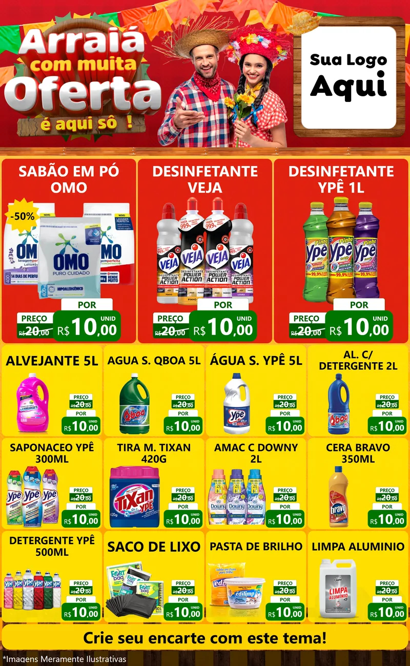 Modelo de Encarte para Encarte Grande com o tema Arraiá Com Muita Oferta - É Aqui Sô! para Produtos de Limpeza