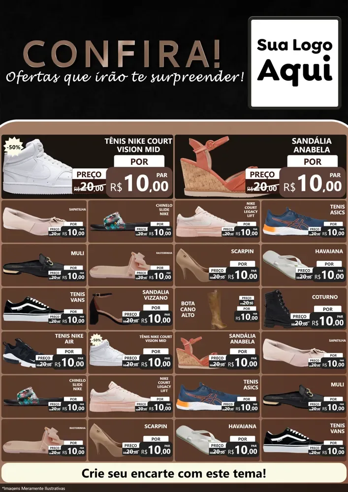 Modelo de Encarte para Encarte A4 Vertical com o tema Confira! Ofertas que irão te surpreender! para Calçados