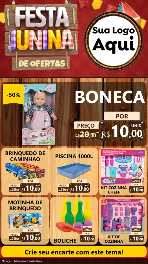 Modelo de Rede Social para Stories com o tema Festa Junina de Ofertas para Brinquedos
