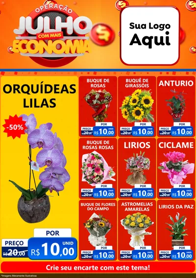 Modelo de Encarte para Encarte A4 Vertical com o tema Operação Julho Com Mais Economia para Floricultura e jardim