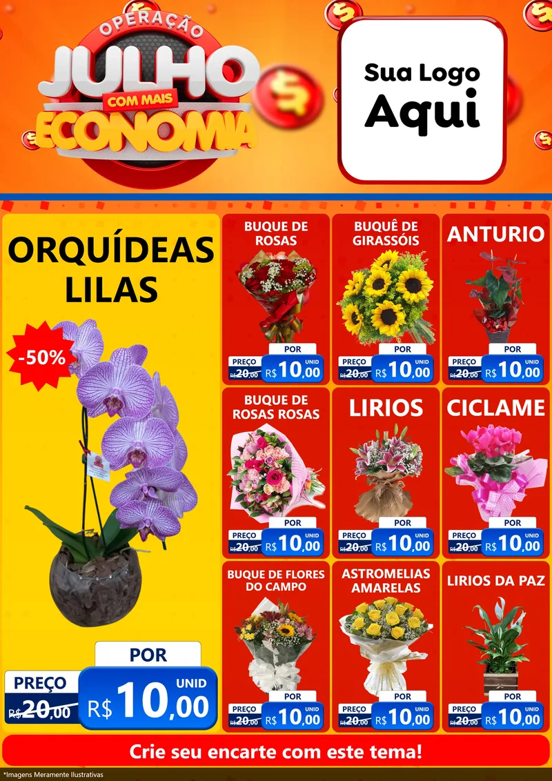 Modelo de Encarte para Encarte A4 Vertical com o tema Operação Julho Com Mais Economia para Floricultura e jardim