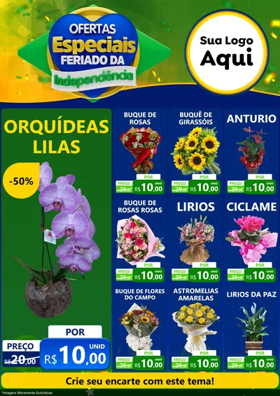 Modelo de Encarte para Encarte A4 Vertical com o tema Ofertas Especiais Feriado da Independência para Floricultura e jardim