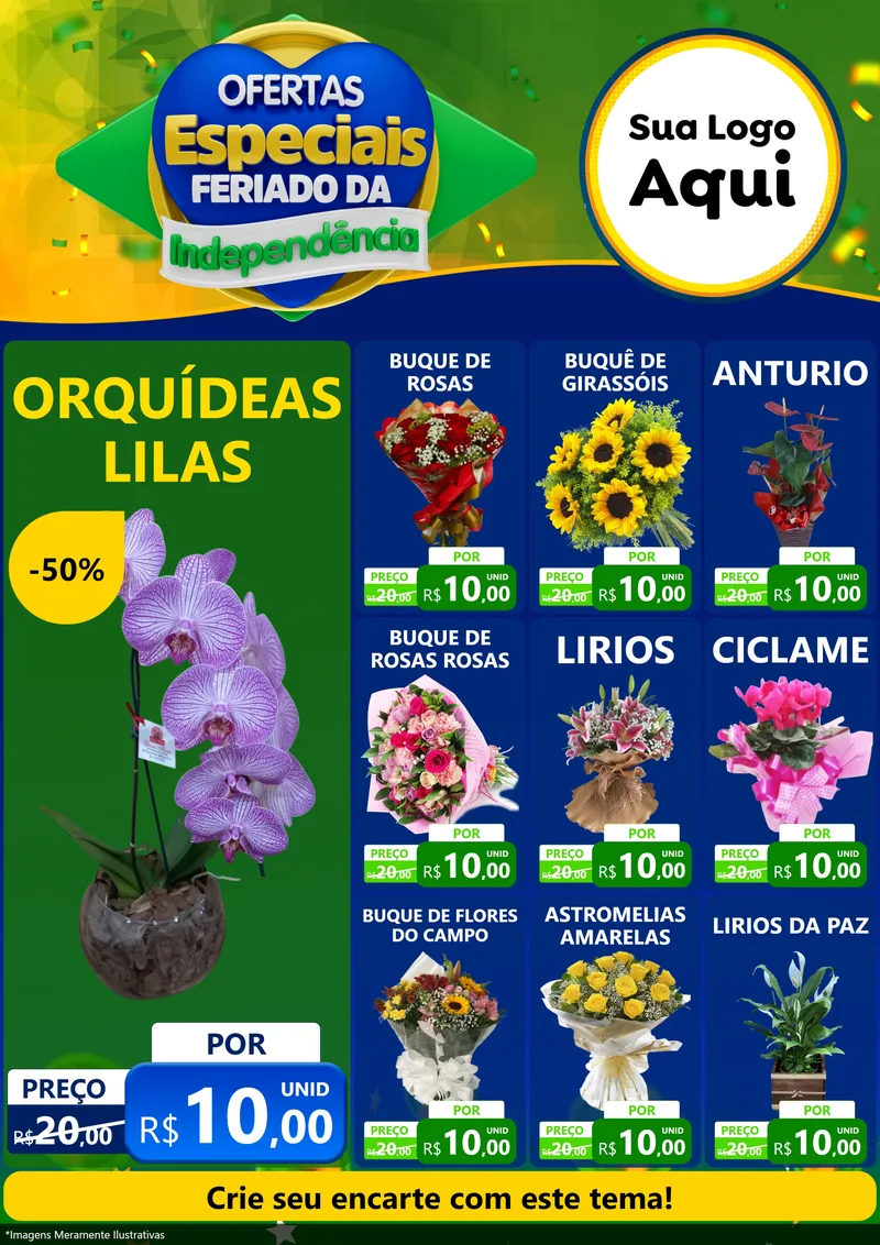 Modelo de Encarte para Encarte A4 Vertical com o tema Ofertas Especiais Feriado da Independência para Floricultura e jardim