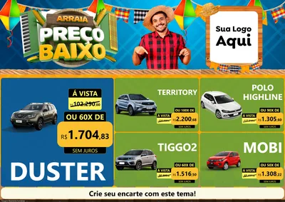 Modelo de Encarte para Encarte A4 Horizontal com o tema Arraiá de Preço Baixo - Junina para Concessionaria de Carros