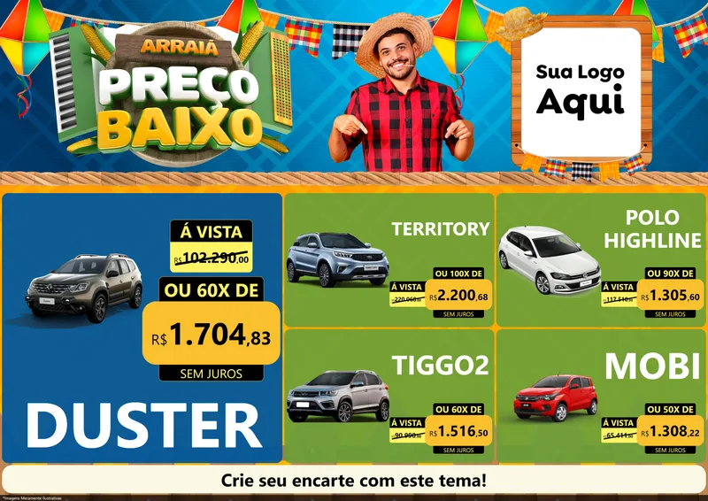 Modelo de Encarte para Encarte A4 Horizontal com o tema Arraiá de Preço Baixo - Junina para Concessionaria de Carros