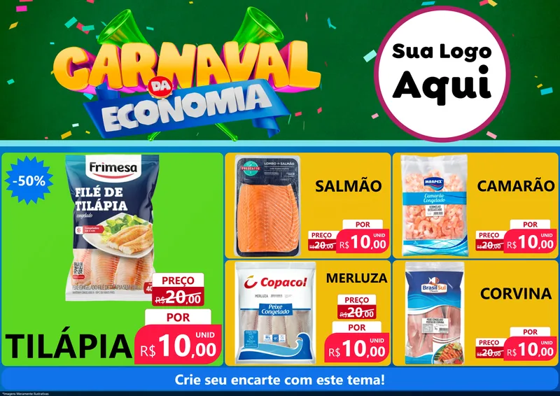 Modelo de Encarte para Encarte A4 Horizontal com o tema Carnaval da Economia para Peixaria