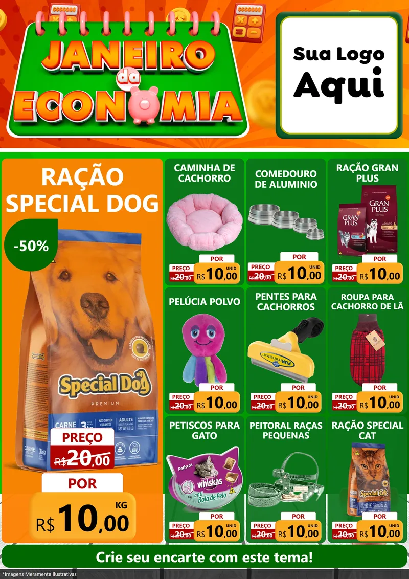 Modelo de Encarte para Encarte A4 Vertical com o tema Janeiro da Economia para Pet Shop
