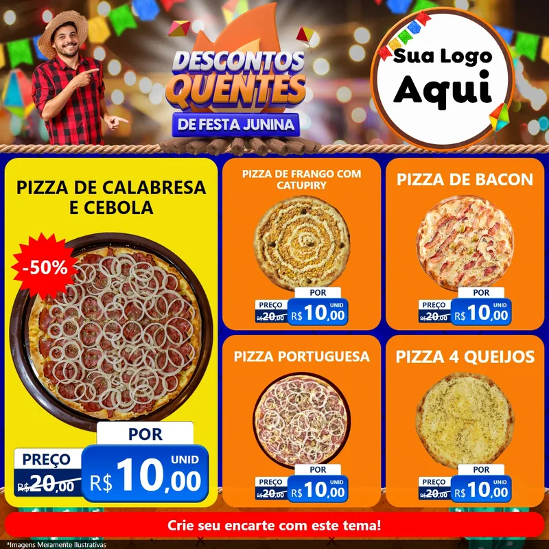 Modelo de Rede Social para Feed Facebook com o tema Descontos Quentes de Festa Junina para Pizzaria