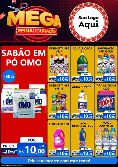 Modelo de Encarte para Encarte A4 Vertical com o tema Mega Reinauguração para Produtos de Limpeza