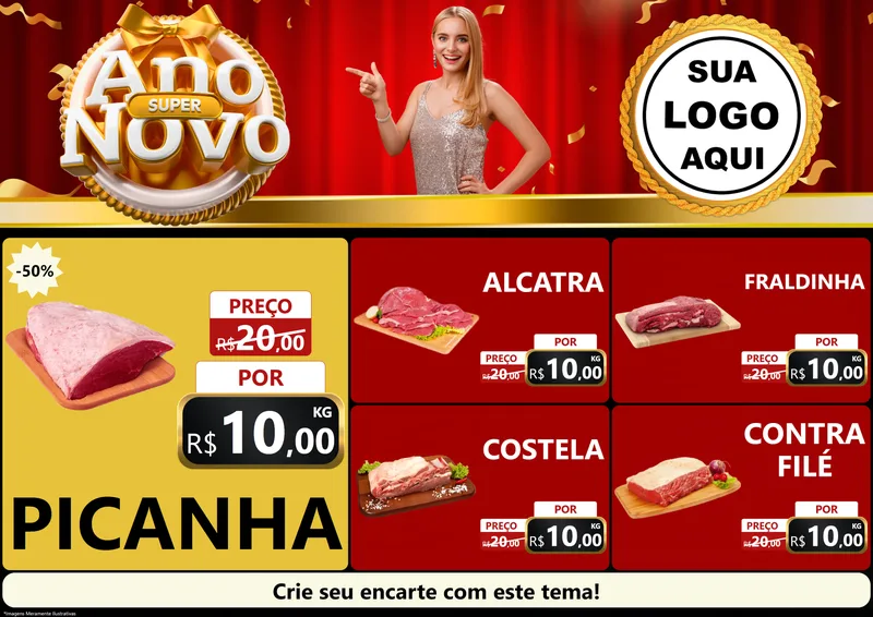 Modelo de Encarte para Encarte A4 Horizontal com o tema Super Ano Novo para Açougue