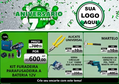 Modelo de Encarte para Encarte A4 Horizontal com o tema Promoção de Aniversário - 7 Anos para Maquinas e Ferramentas