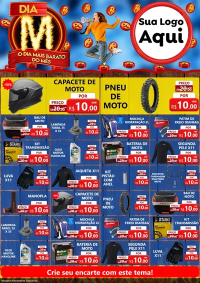 Modelo de Encarte para Encarte A4 Vertical com o tema Dia M - O Dia Mais Barato Do Mês para Moto peças