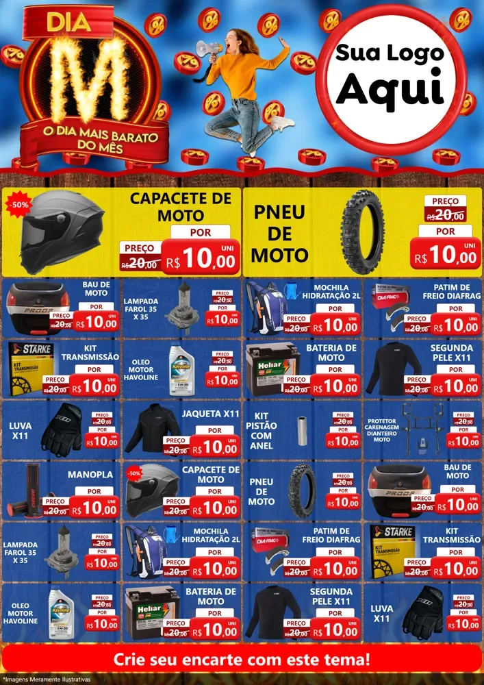 Modelo de Encarte para Encarte A4 Vertical com o tema Dia M - O Dia Mais Barato Do Mês para Moto peças