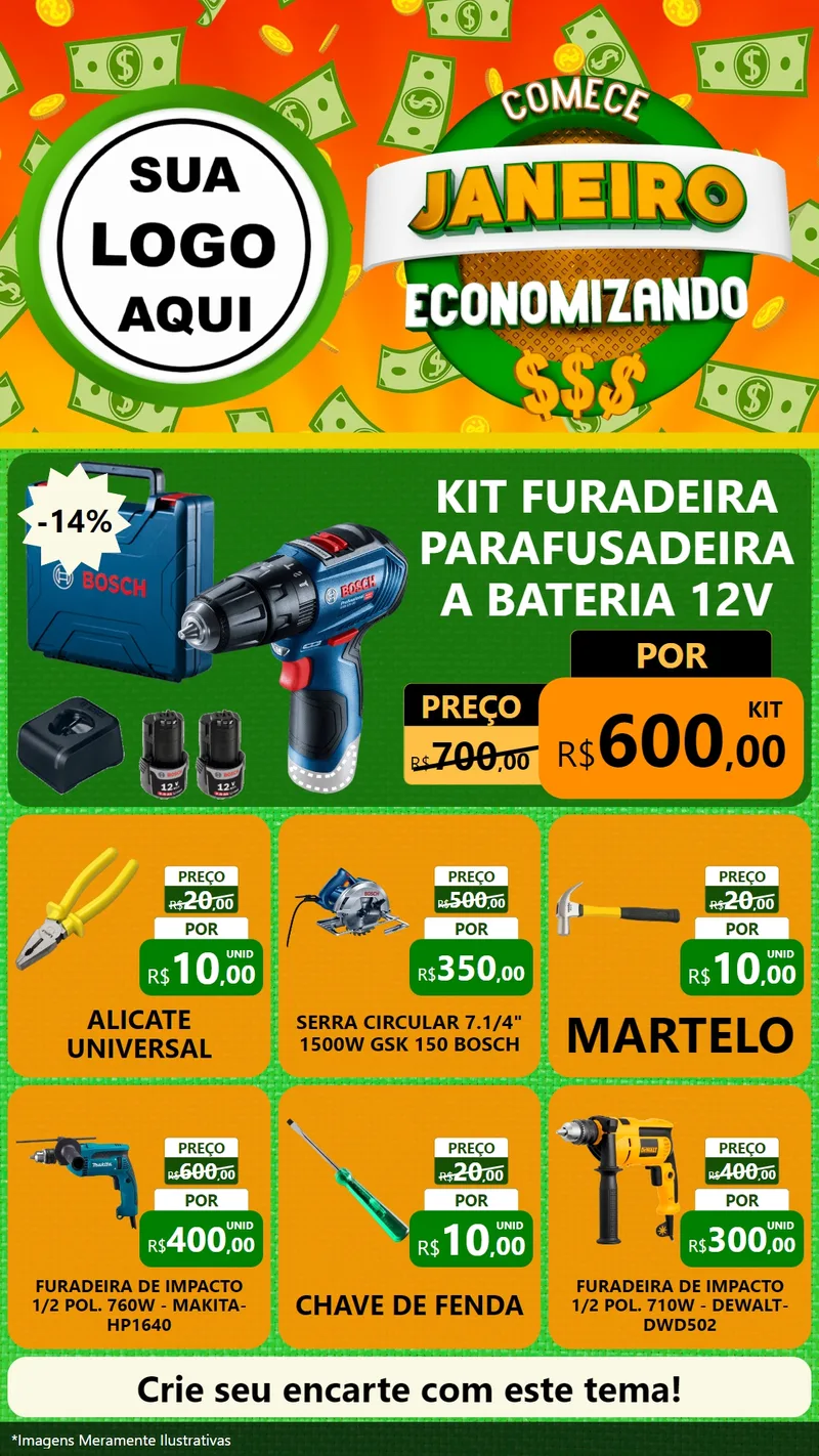 Modelo de Rede Social para Stories com o tema Comece Janeiro Economizando para Maquinas e Ferramentas