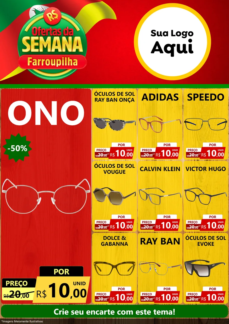 Modelo de Encarte para Encarte A4 Vertical com o tema Ofertas da Semana Farroupilha para Óticas