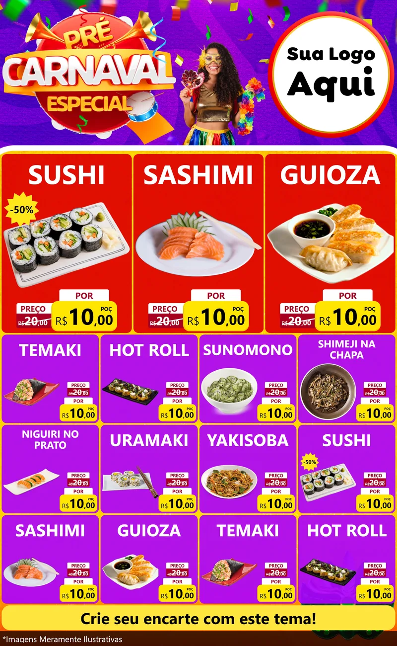 Modelo de Encarte para Encarte Grande com o tema Pré-Carnaval Especial para Comida japonesa