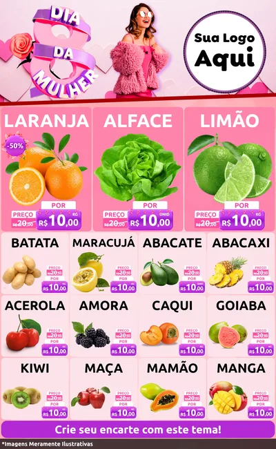 Modelo de Encarte para Encarte Grande com o tema Dia da Mulher para Hortifrúti