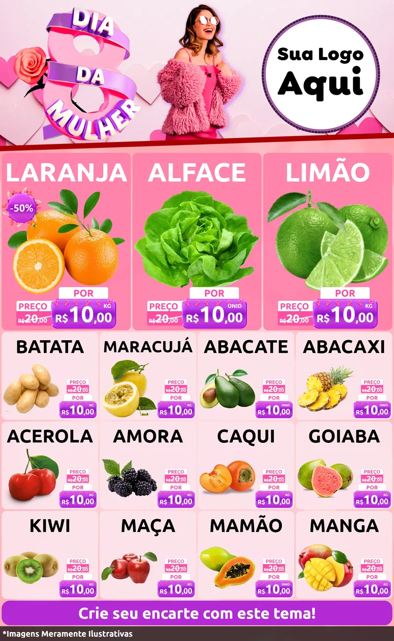 Modelo de Encarte para Encarte Grande com o tema Dia da Mulher para Hortifrúti