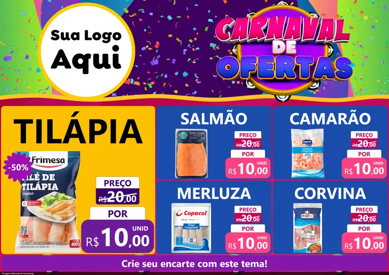 Modelo de Encarte para Encarte A4 Horizontal com o tema Carnaval de Ofertas para Peixaria