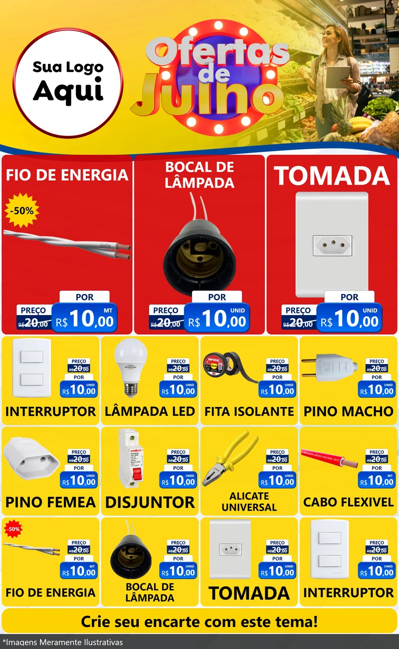 Modelo de Encarte para Encarte Grande com o tema Ofertas de Julho para Materiais Elétricos