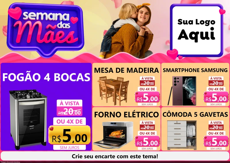Modelo de Encarte para Encarte A4 Horizontal com o tema Semana das Mães para Móveis e Eletro