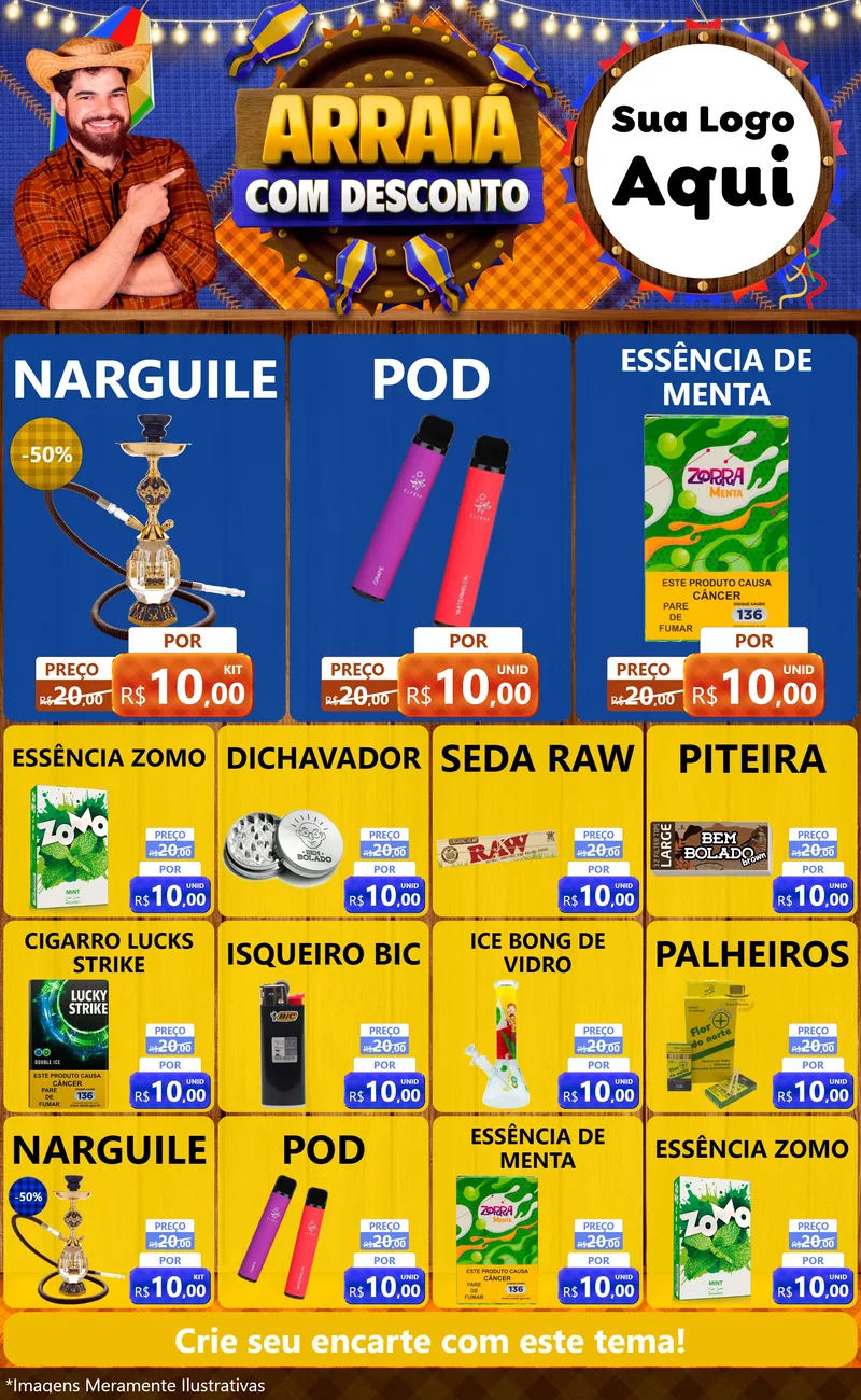 Modelo de Encarte para Encarte Grande com o tema Arraiá Com Desconto para Tabacaria