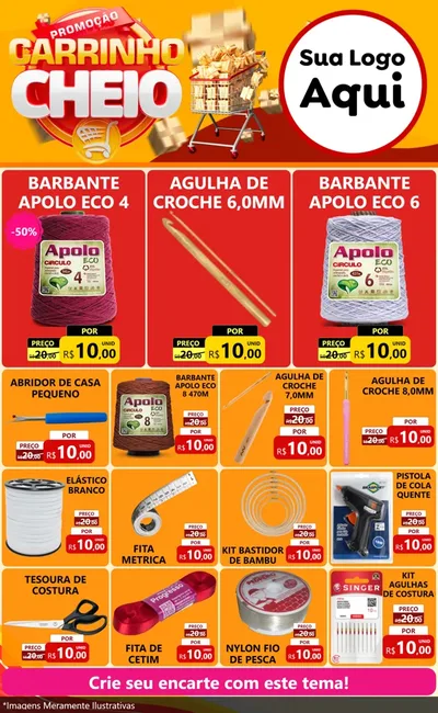Modelo de Encarte para Encarte Grande com o tema Promoção carrinho cheio para Armarinho e Aviamentos