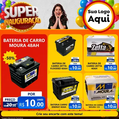 Modelo de Rede Social para Feed Facebook com o tema Super Inauguração para Baterias Elétricas