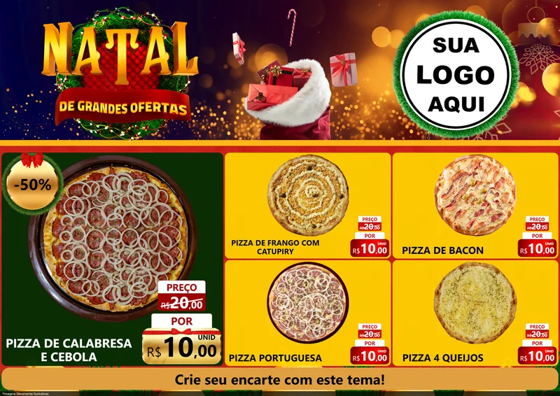 Modelo de Encarte para Encarte A4 Horizontal com o tema Natal de Grandes Ofertas para Pizzaria