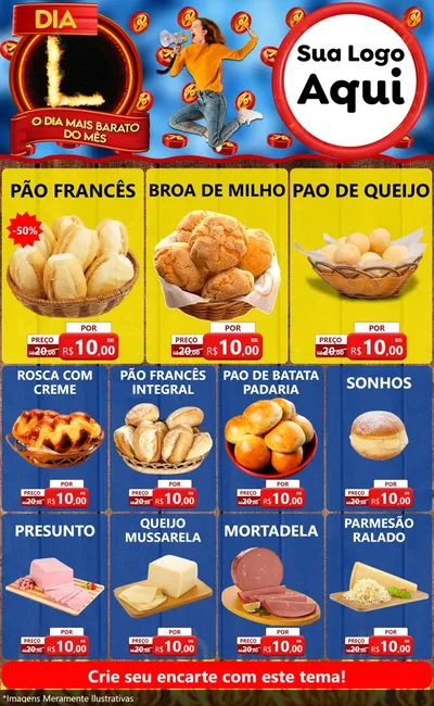 Modelo de Encarte para Encarte Grande com o tema Dia L - O Dia Mais Barato Do Mês para Padaria