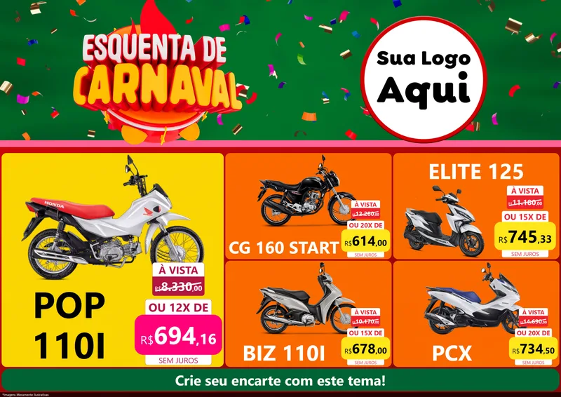 Modelo de Encarte para Encarte A4 Horizontal com o tema Esquenta de Carnaval para Concessionaria de Motos