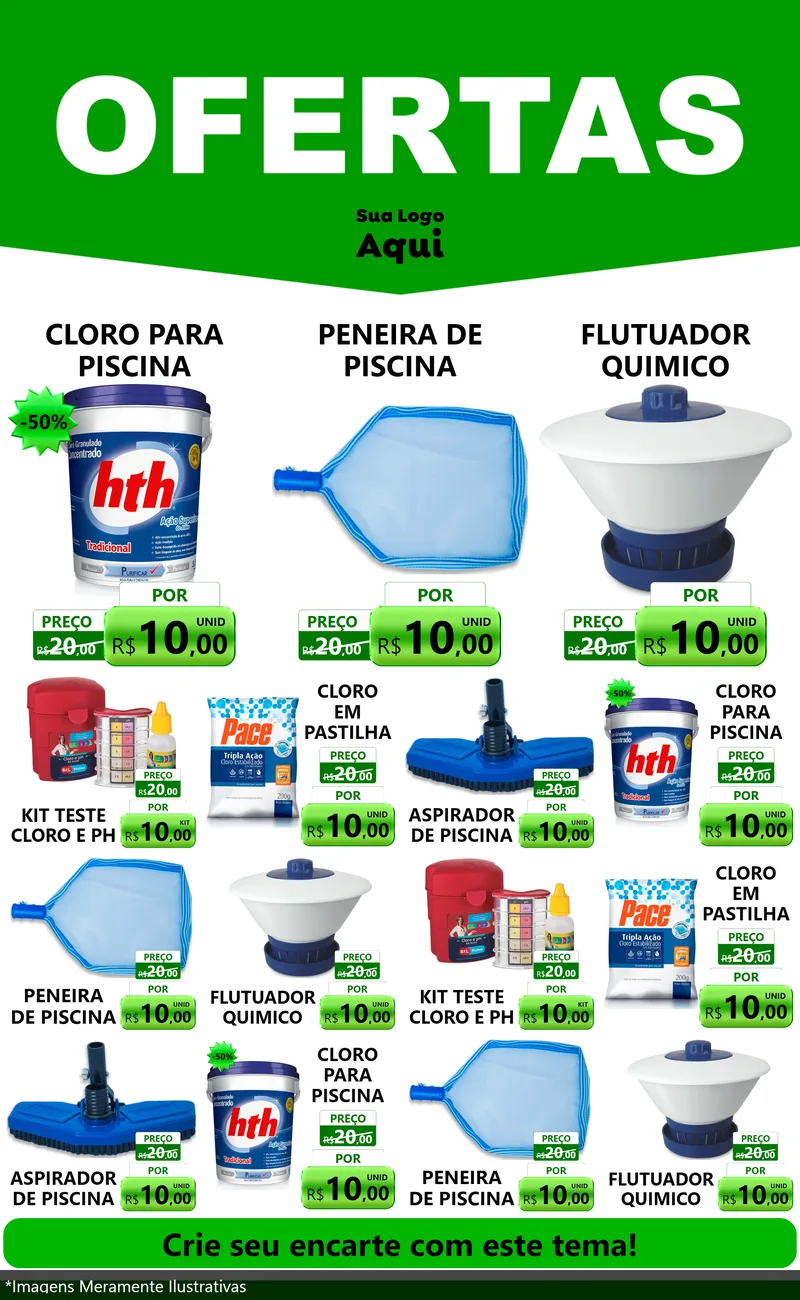 Modelo de Encarte para Encarte Grande com o tema Ofertas Verde Cartaz para Produtos para Piscina