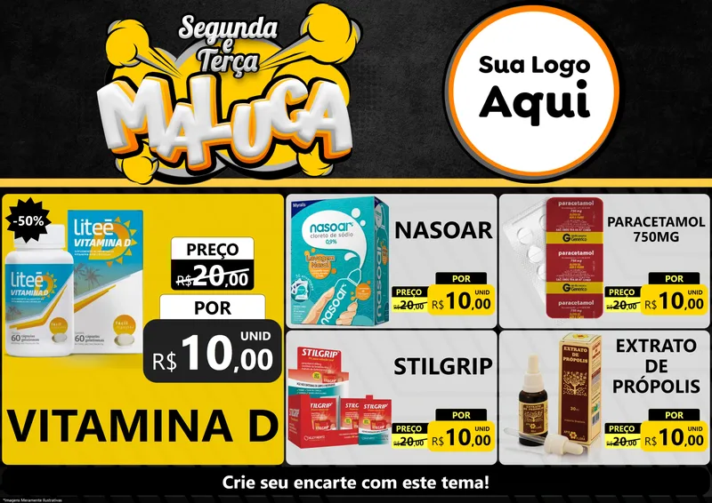 Modelo de Encarte para Encarte A4 Horizontal com o tema Segunda e Terça Maluca para Farmácia