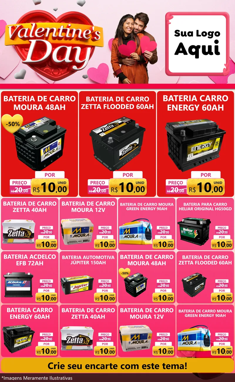 Modelo de Encarte para Encarte Grande com o tema Valentine's Day para Baterias Elétricas