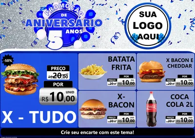 Modelo de Encarte para Encarte A4 Horizontal com o tema Promoção de Aniversário - 5 Anos para Hamburgueria