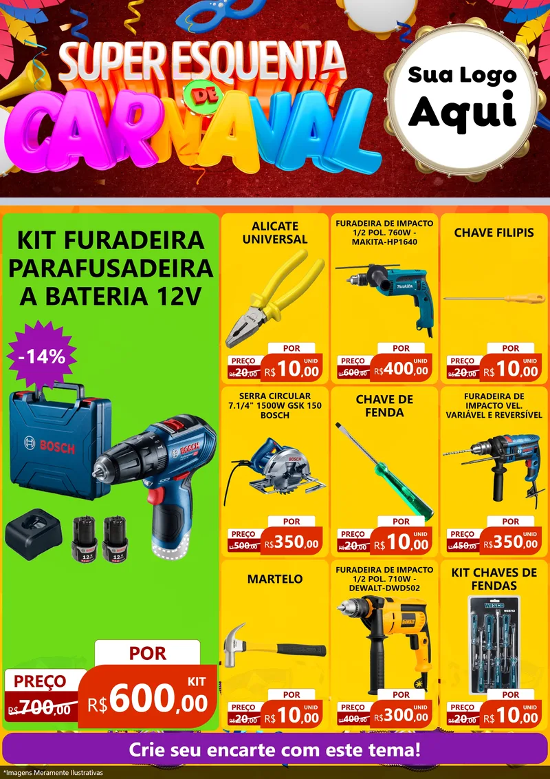 Modelo de Encarte para Encarte A4 Vertical com o tema Super Esquenta de Carnaval para Maquinas e Ferramentas