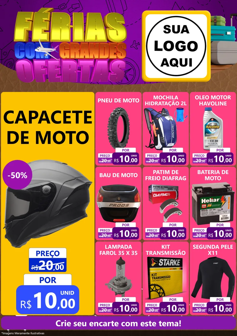 Modelo de Encarte para Encarte A4 Vertical com o tema Férias com Grandes Ofertas para Moto peças