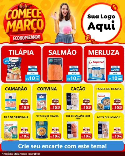 Modelo de Rede Social para Feed Instagram com o tema Comece Março Economizando para Peixaria