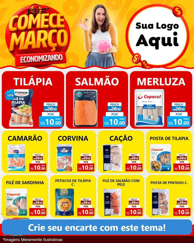 Modelo de Rede Social para Feed Instagram com o tema Comece Março Economizando para Peixaria