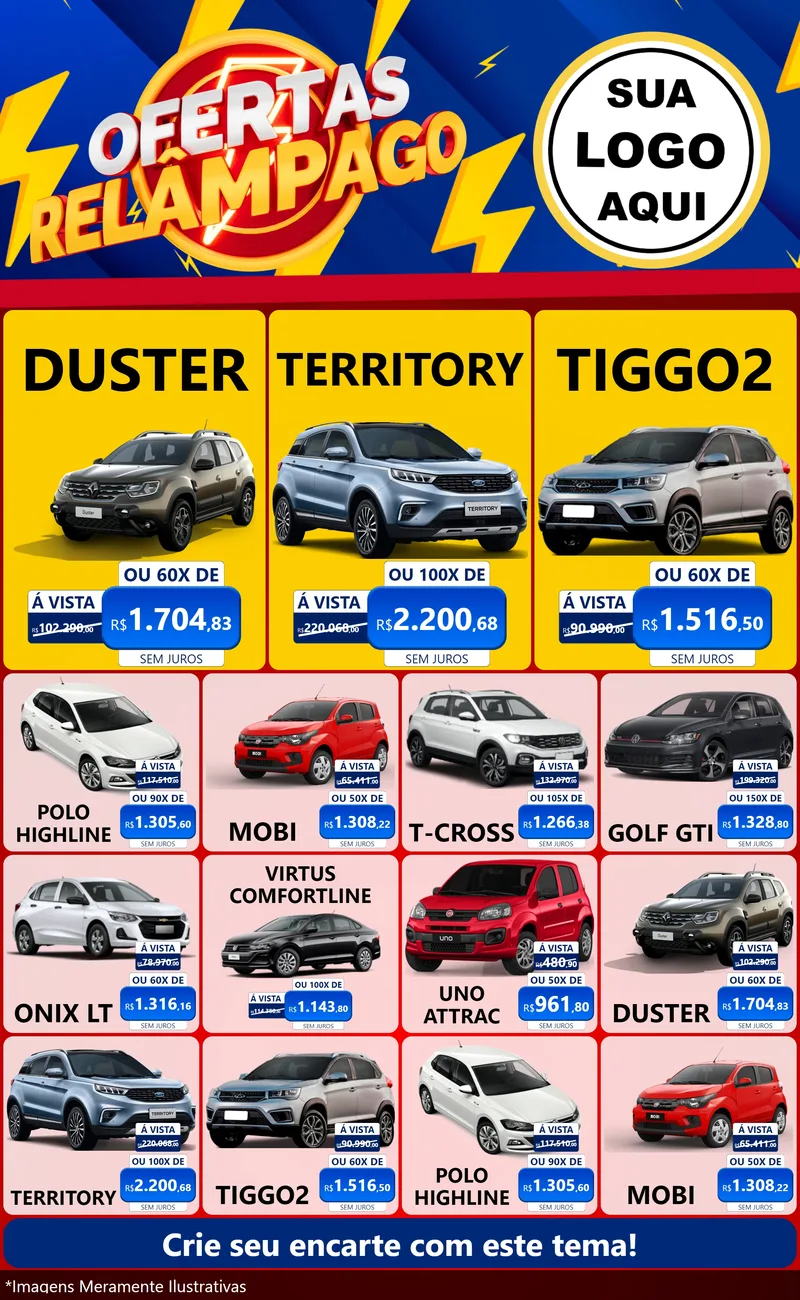 Modelo de Encarte para Encarte Grande com o tema Ofertas Relâmpago para Concessionaria de Carros