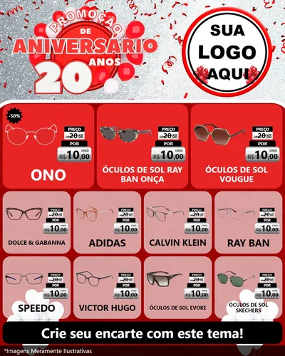 Modelo de Rede Social para Feed Instagram com o tema Promoção de Aniversário - 20 Anos para Óticas