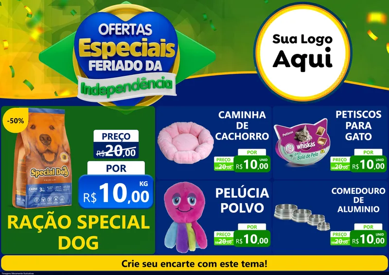 Modelo de Encarte para Encarte A4 Horizontal com o tema Ofertas Especiais Feriado da Independência para Pet Shop