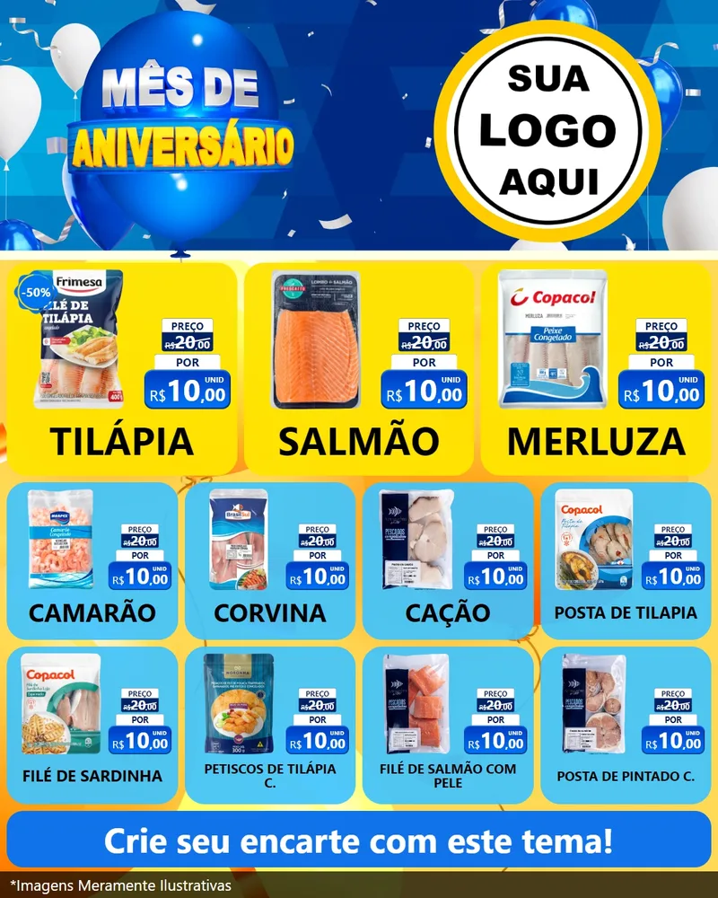 Modelo de Rede Social para Feed Instagram com o tema Mês de Aniversário para Peixaria