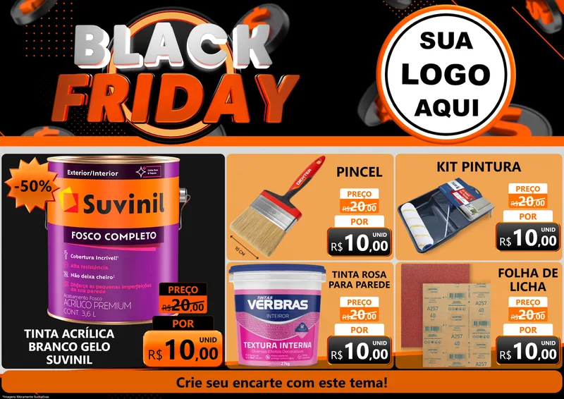 Modelo de Encarte para Encarte A4 Horizontal com o tema Black Friday para Tintas e Ferramentas