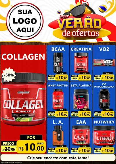 Modelo de Encarte para Encarte A4 Vertical com o tema Super Verão de Ofertas para Suplementos alimentares