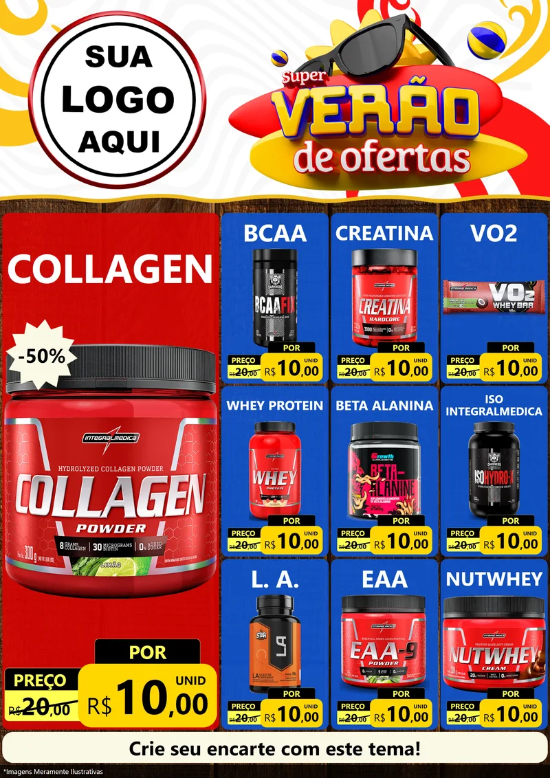 Modelo de Encarte para Encarte A4 Vertical com o tema Super Verão de Ofertas para Suplementos alimentares