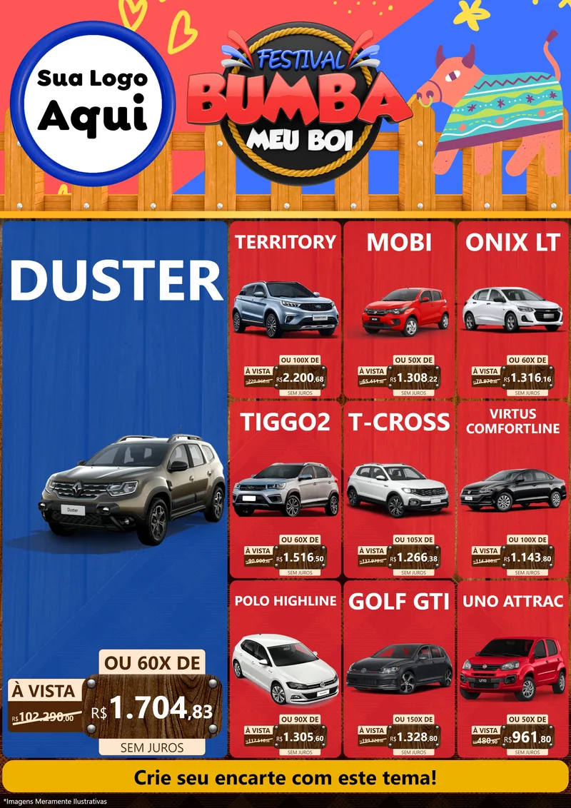 Modelo de Encarte para Encarte A4 Vertical com o tema Festival Bumba Meu Boi para Concessionaria de Carros