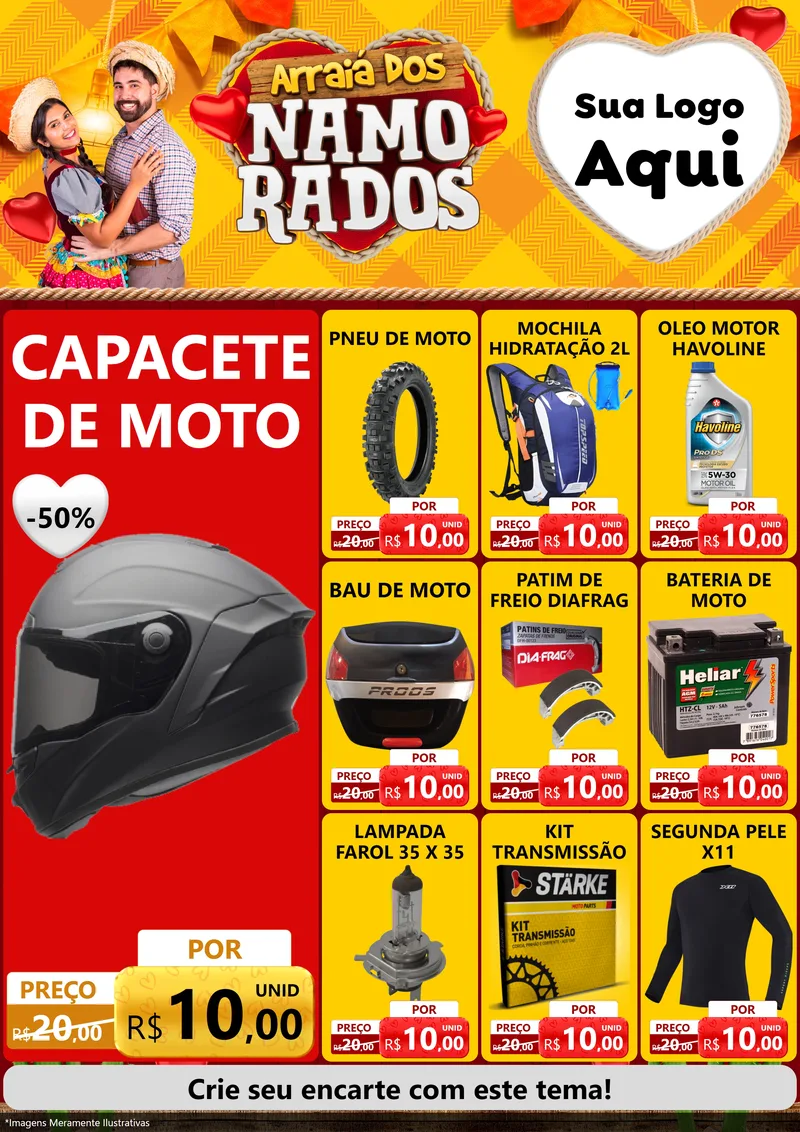 Modelo de Encarte para Encarte A4 Vertical com o tema Arraiá dos Namorados para Moto peças